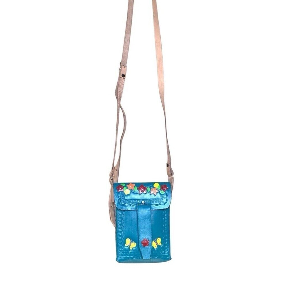 Colorful Leather Crossbody Purse Mini Bag Made In Mexico Tooled Floral Festival - Picture 2 of 9